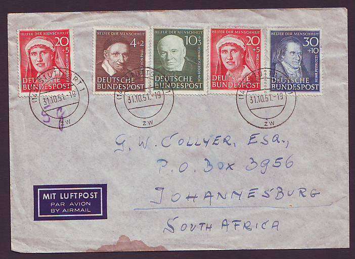 GERMANY - 1951 Helpers of Humanity Issue Complete set on cover