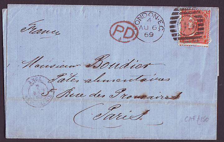POSTAL HISTORY  - GB  QV 1869  4d Deep-vermilion PLATE 11 (SG 95) on entire to Paris