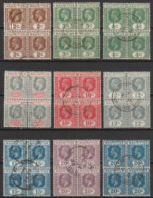 MAURITIUS -  1912/1926  KGV Issues 9 blocks of four VF USED