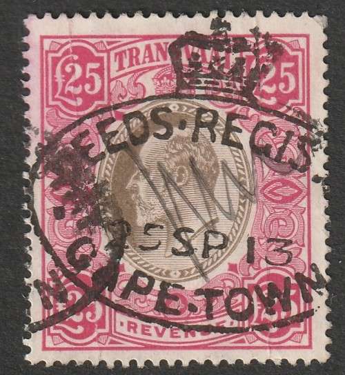 TRANSVAAL -  1902  REVENUE KEVII  25 POUNDS Red & Black Wmk Crown CC(Perf. 14) BF91.  RARE