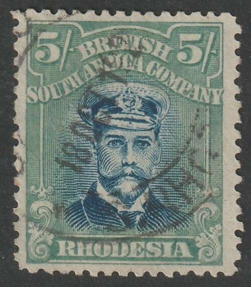 RHODESIA  BSAC  - ADMIRALS  DIE III  Perf.14   5s  Blue and pale yellow-green Superb used SACC 276