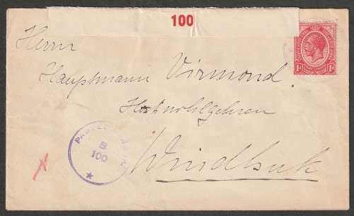SWA - South Africa occupation - 1918 Kings head 1d  used on censored cover  to Windhoek