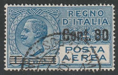 ITALY - 1927 Airmail issue  80c surcharge on 1 Lira blue. Scarce stamp in excellent used conditions