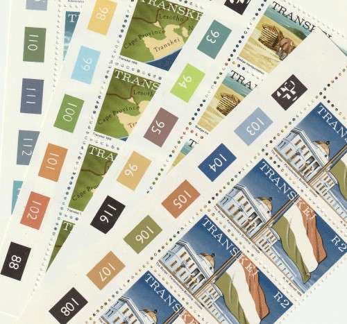 TRANSKEI - 1976 First original issue, complete set(plus reprints) in control strips of five  **MNH**