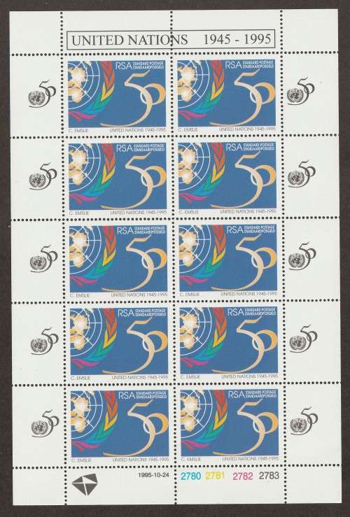 RSA -  1995 United Nations 50th Anniversary Issue (Standard Postage) Full sheet of 10   **MNH**