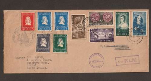 South Africa and Nederland 1952 Joint First Flight cover, via KLM with both sets.