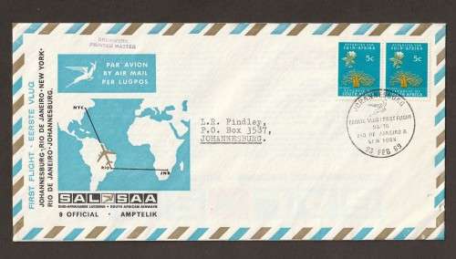 SAA 1969 First Flight JHB - Rio De Janeiro - New York Official Cover No.9