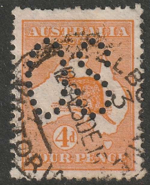 AUSTRALIA - 1913 Official Issue  Roos 4d orange (S with 17 holes)  VF USED