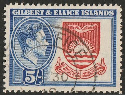 GILBERT & ELLICE ISLANDS - 1939 KGVI Issue 5s scarlet & bright blue (Perf. 12&1/2) VF USED SG 54