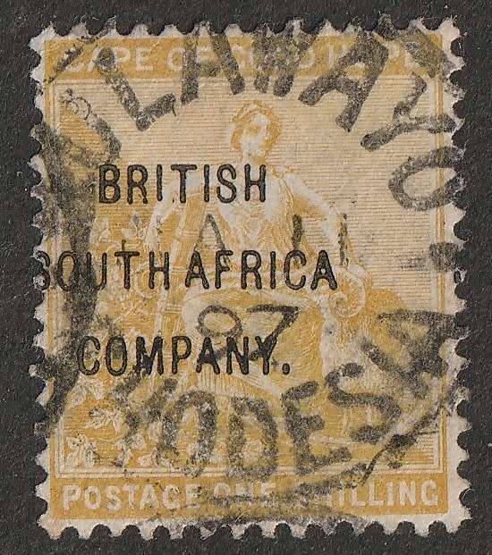 RHODESIA  BSAC  - 1896 COGH Overprinted  1s yellow-ochre   SACC 57  VF USED