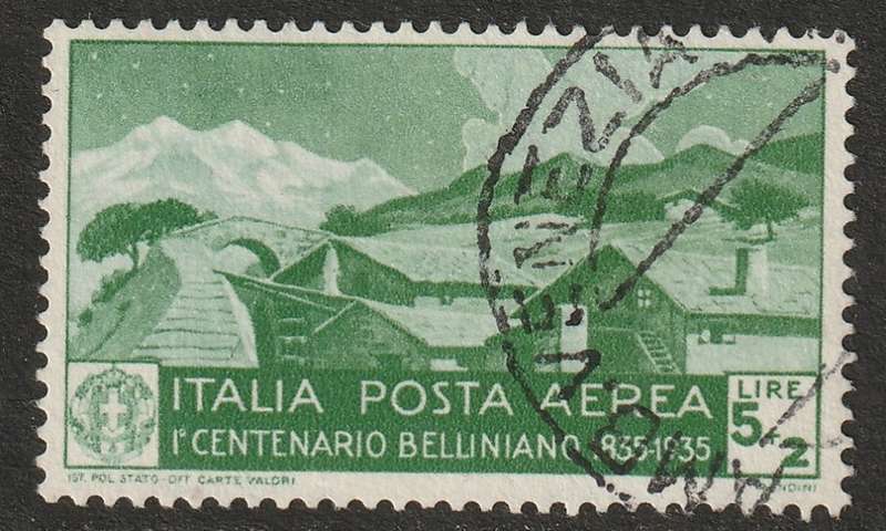 ITALY -  1935 AIRMAIL  Death of Bellini Issue  5+2 lire green SUPERB USED. Top value of the set.