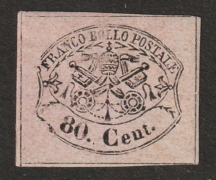PAPAL STATES - 1867 Issue on coloured glazed paper 80c black on rose paper Top value of the set.*MM*