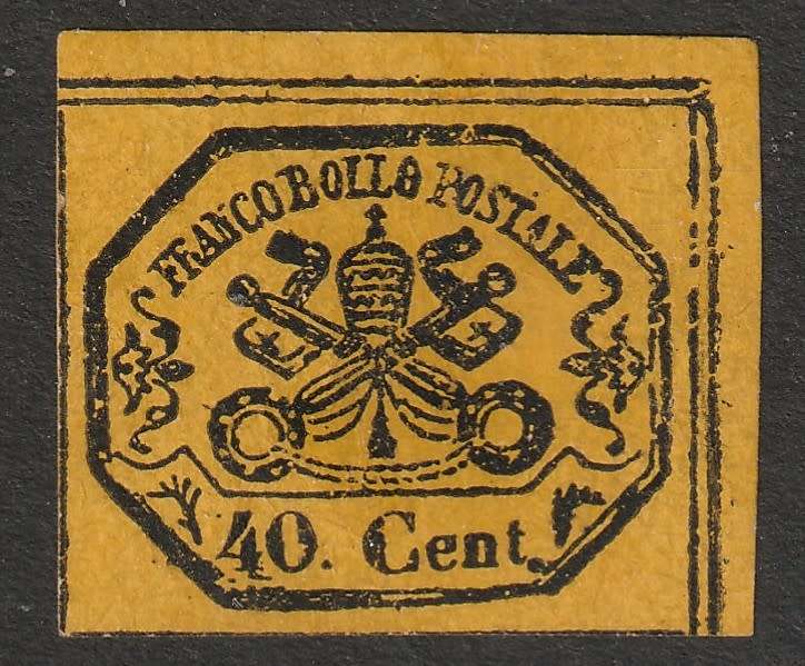 PAPAL STATES - 1867 Issue on coloured glazed paper 40c black on yellow paper. Original gum *MM*