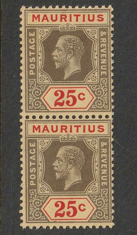 MAURITIUS -  1913-1923  KGV  25c vertical pair black and red  Die I  *MM/MNH**