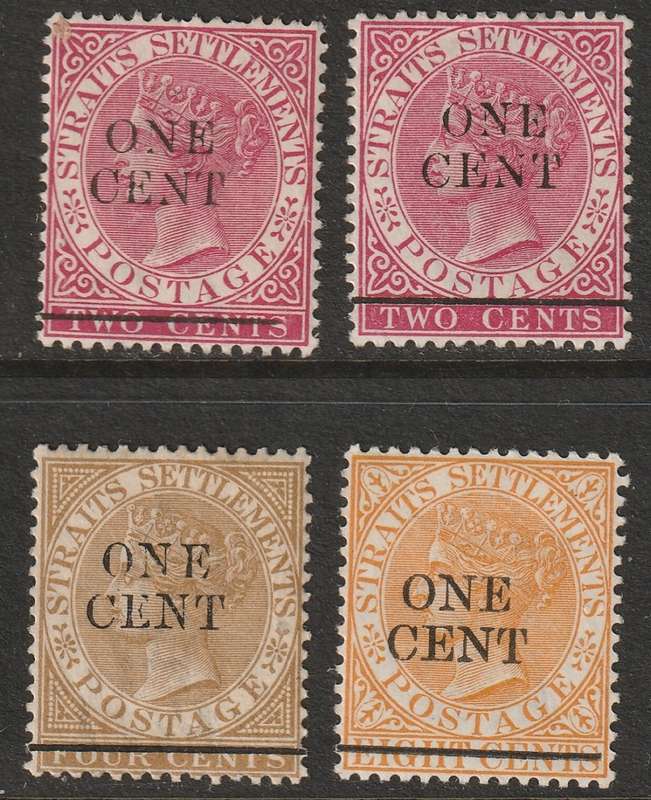 STRAITS SETTLEMENTS - 1892 QV Issue ONE CENT Surcharge Wmk Crown CA  Part set mint and used