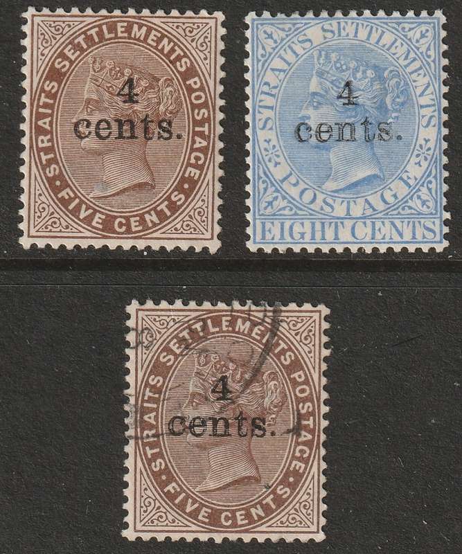 STRAITS SETTLEMENTS - 1899 QV Issue 4 Cents Surcharge Wmk Crown CA  Part set mint and used