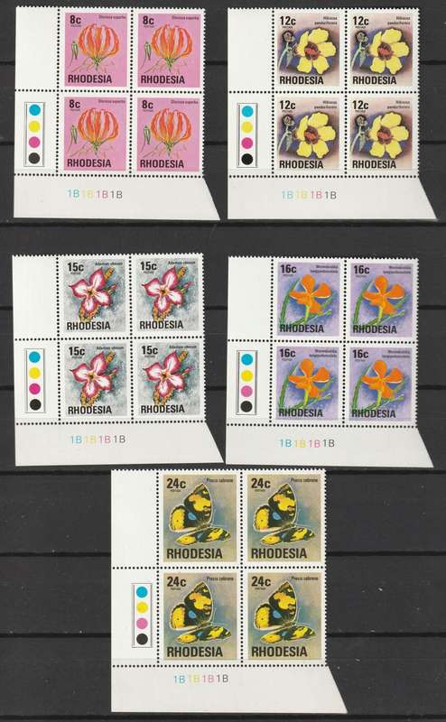 RHODESIA  - 1974/76  Definitive Issue 5 Cylinder blocks of 4 with White Gum **MNH**