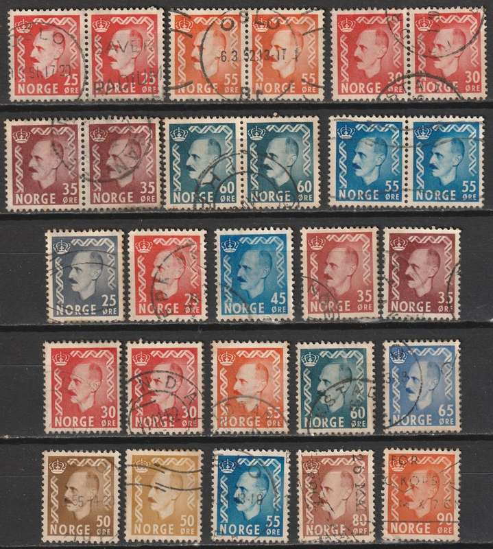 NORWAY - 1950/1957 King Haakon VII Definitives Issues part sets,  pairs and singles vf used.