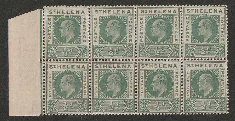 ST HELENA -  1902 KEVII  1/2d green marginal block of 8 *MM/MNH**