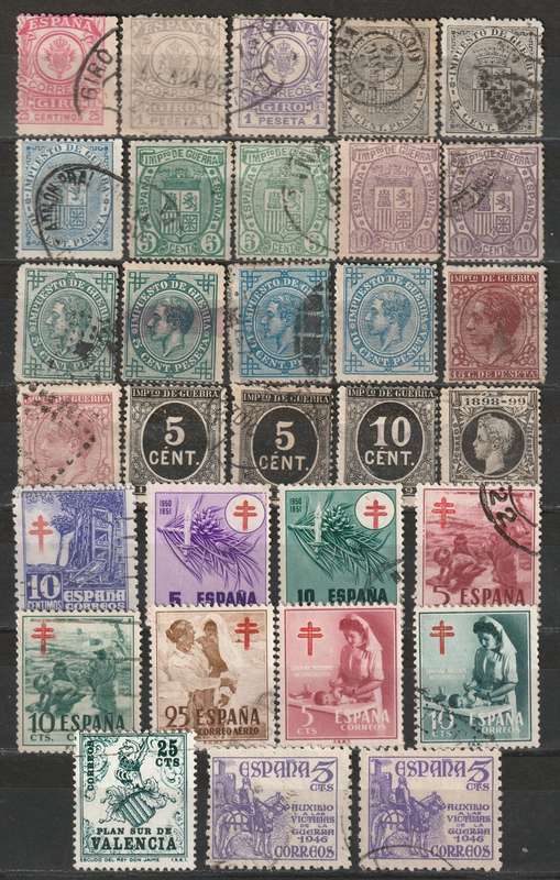 BULKLOT SALE - SPAIN WAR Tax and TB Tax Issues Part sets, very nice range.(31 stamps)
