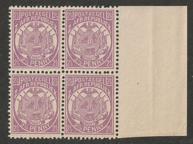 TRANSVAAL - 1885  2&1/2d mauve, marginal block of four**MNH**