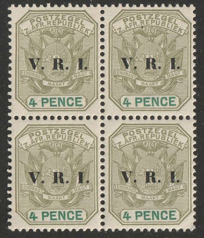 TRANSVAAL - 1900  4d sage green and green overprinted VRI, block of four **MNH**
