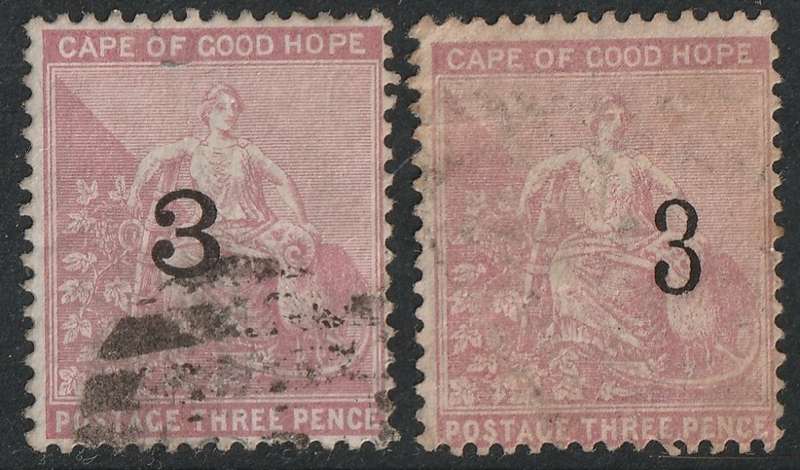 CAPE of GOOD HOPE  - 1880 3d surcharged 3 in black(Both types) SACC 32/33 VFU