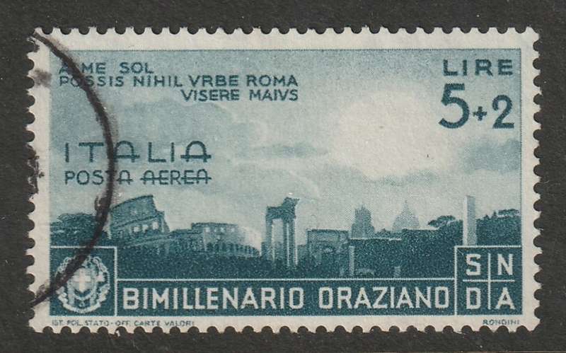 ITALY - 1936 Horace Issue AIRMAIL  5+2 Lire grey VF USED Top value of the set.