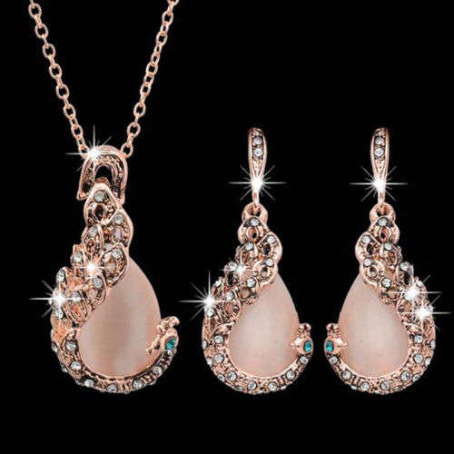 Peacock Crystal Rhinestone Pendant Necklace and Earrings Set