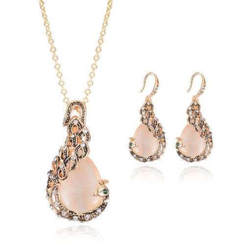 Peacock Crystal Rhinestone Pendant Necklace and Earrings Set