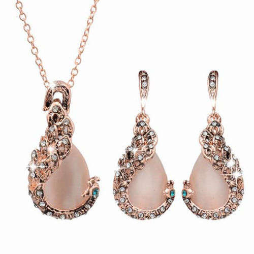 Peacock Crystal Rhinestone Pendant Necklace and Earrings Set