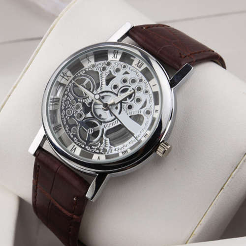 Transparent Mechanical Skeleton Wrist Watch Silver with Brown Leather Strap