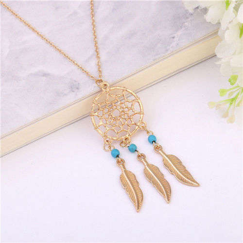 Vintage Long Necklace Feather Natural Alloy Pendant