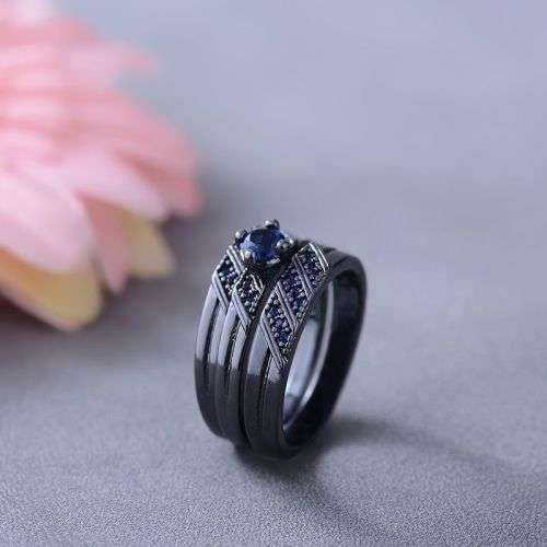 Elegant 3 Piece Black & Dark Blue Stone Ring Size 10