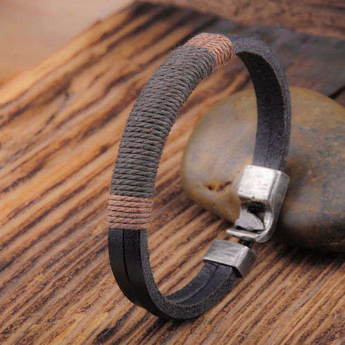 New Surfer Men's Vintage Hemp Wrap Leather Wristband