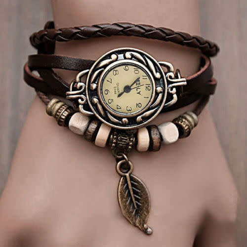 Handmade Leather Bracelet Leaf Decoration Quartz Wrist Watch