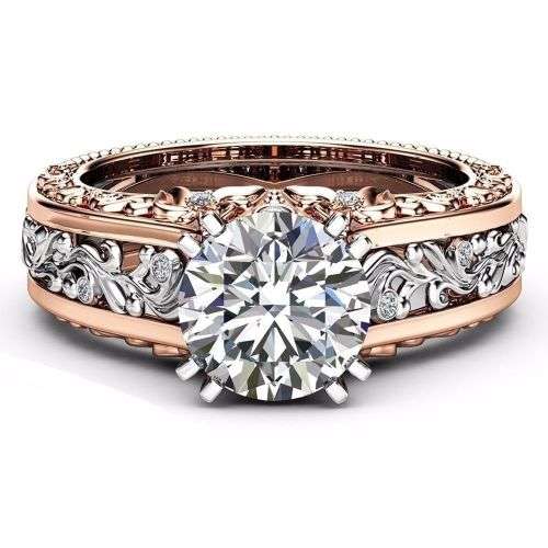 Silver and Rose Brass Two Tone Engagement Ring with Rhinestone