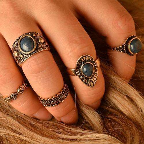 5PCS Tribal Ethnic Silver & Blue Joint Ring Set