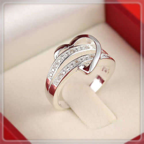 Whimsical Silver Rhinestone Heart Ring
