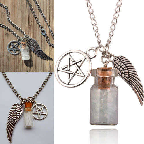 Supernatural Protection Necklace Angel Wing Pentagram Salt Burn Bottle Pendant #