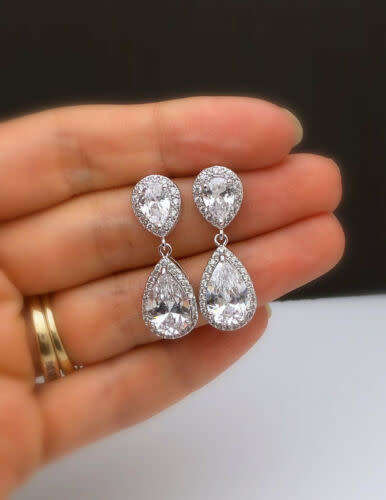 Silver Teardrop White Sapphire Dangle Earring