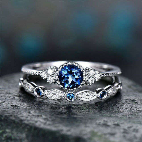 Elegant Silver Blue CZ Sapphire Ring Set