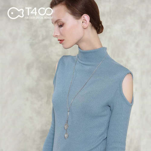 Silver Crystal Leaf Long Sweater Necklace