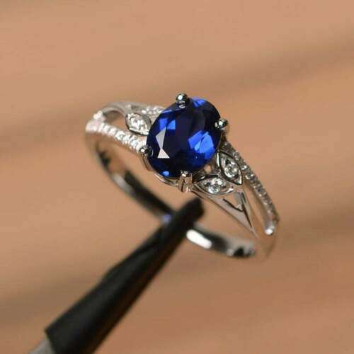 Delicate Silver Royal Blue Sapphire Oval and Leaf Ring
