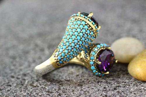 Gold Turquoise Rings Women Purple Sapphire CZ Jewelry Gift Size 8