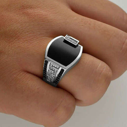 Titanium Never Fade Black Sapphire Onyx Diamond CZ Signet Ring Jewelry Sizes 13-14