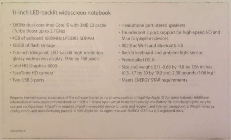 MacBook Air 11-inch, Early 2015 - 1,6 GHz, 4GB RAM, 128GB SSD - With Original Box and VGA Adapter