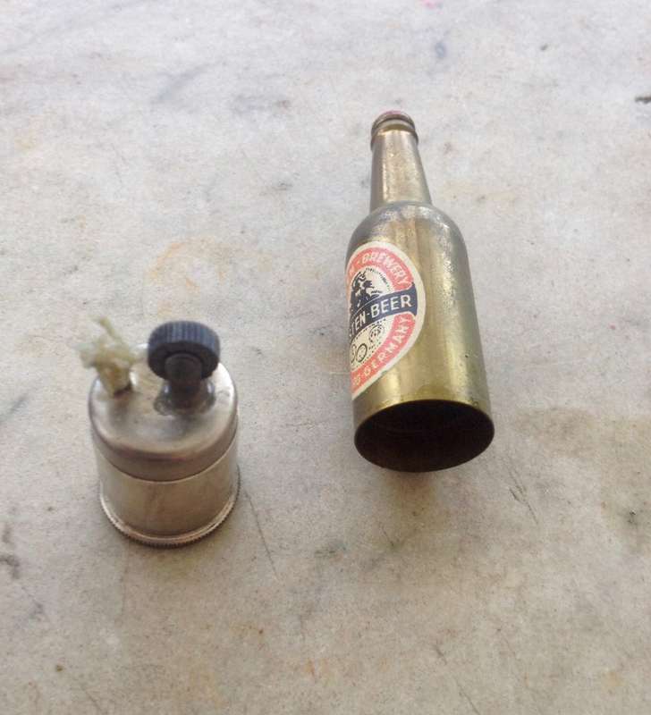 miniature vintage holstens beer bottle wick and flint lighter , made in Germany