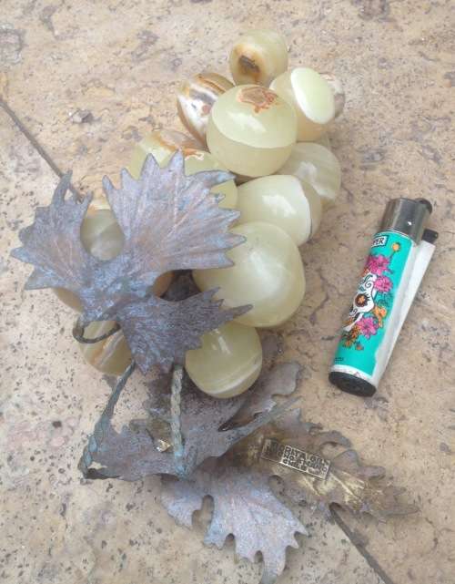 vintage semi precious stone cluster grapes , brass leaf , hand made Chile