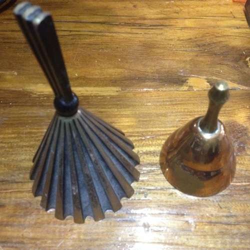 2 old brass bells less the small one